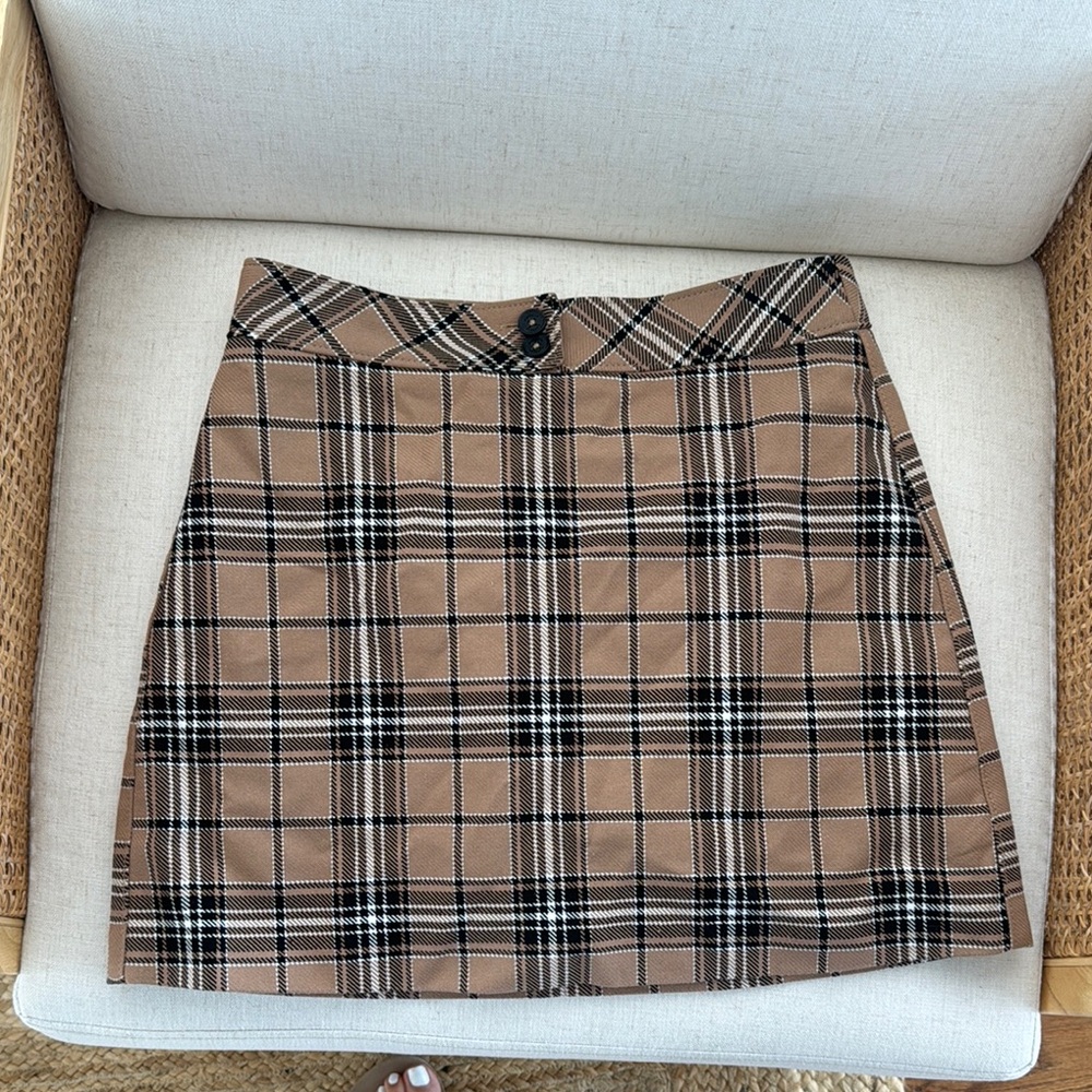 Express Tan and Black Plaid A-Line Skirt